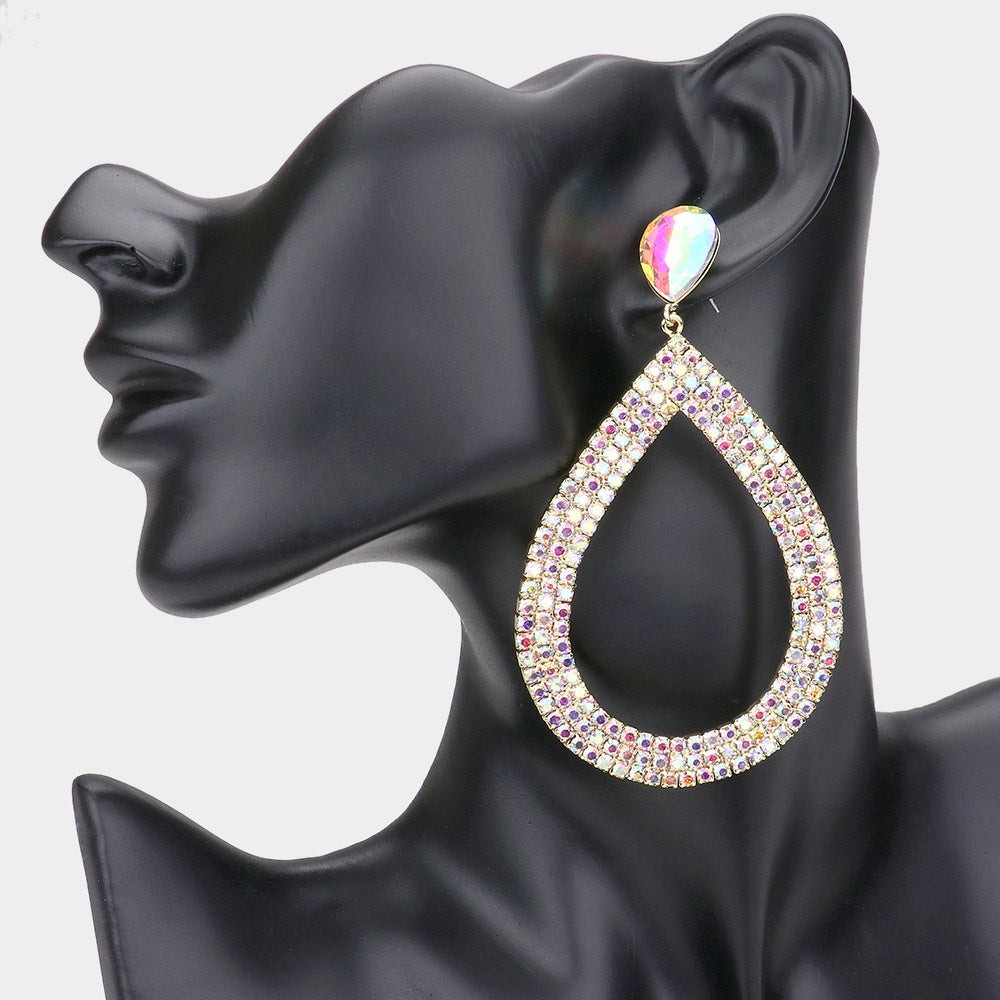 AB Rhinestone Open Teardrop Dangle Pageant Earrings on Gold | Prom Earrings