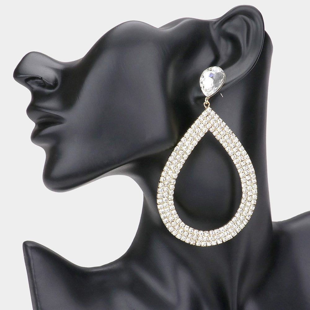 Clear on Gold Rhinestone Open Teardrop Dangle Pageant Earrings | Prom Earrings