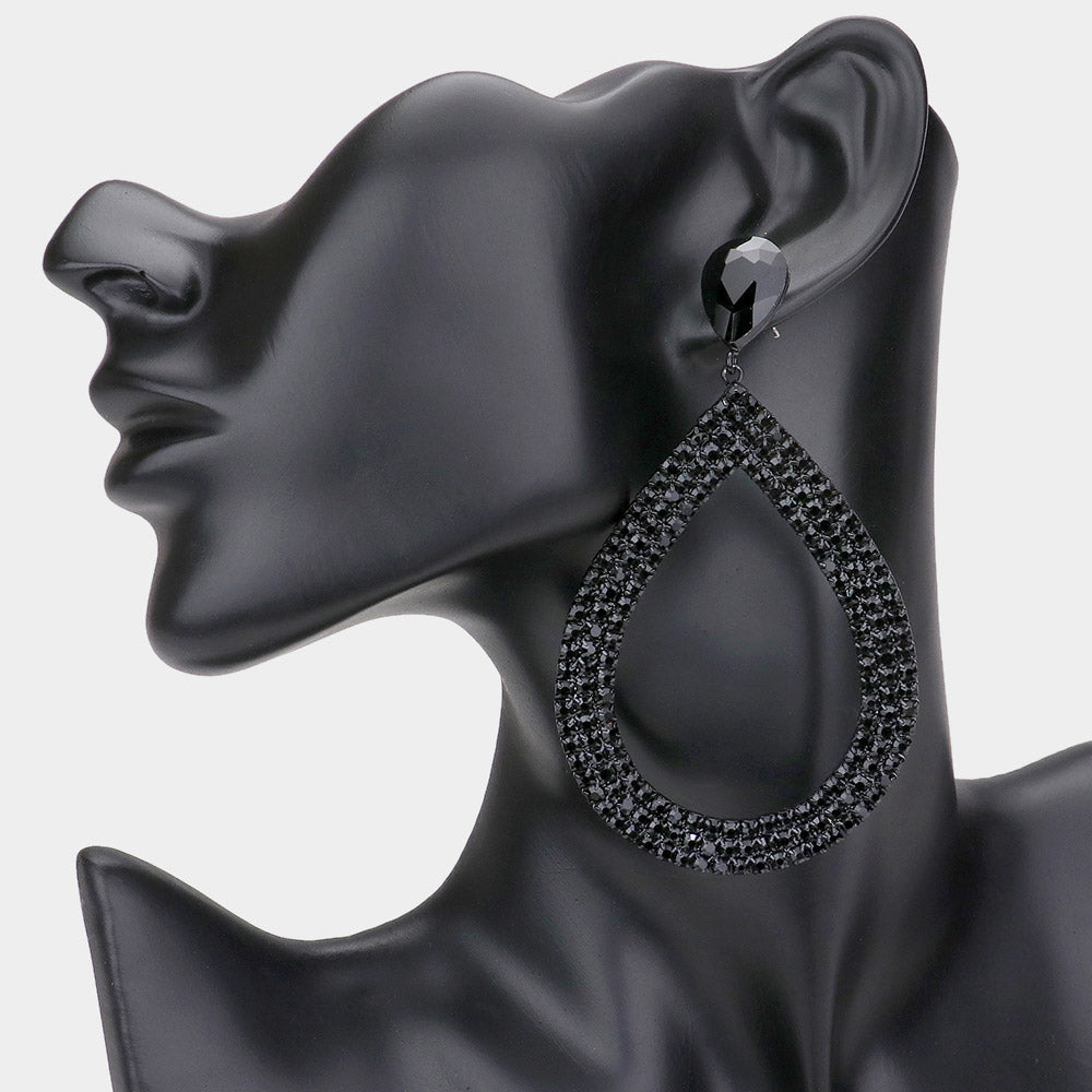 Jet Black Rhinestone Open Teardrop Dangle Pageant Earrings  | Prom Earrings