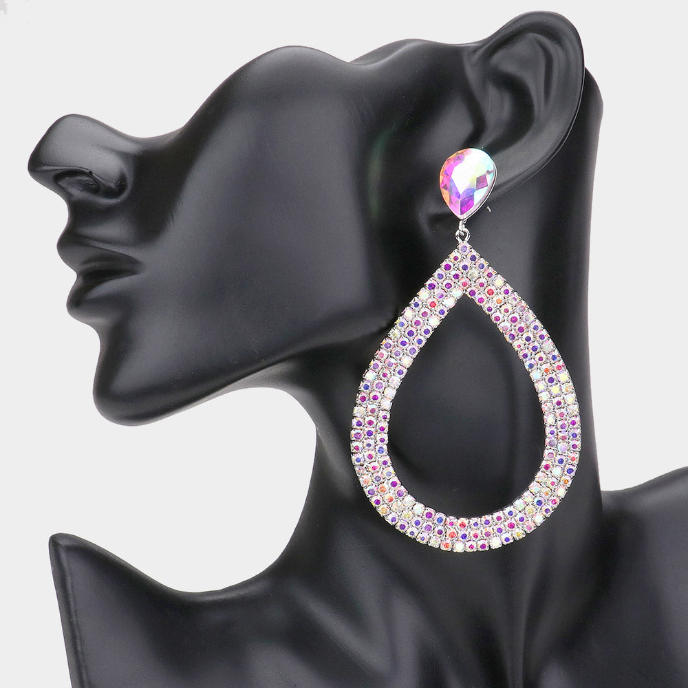 AB Rhinestone Open Teardrop Dangle Pageant Earrings | Prom Earrings