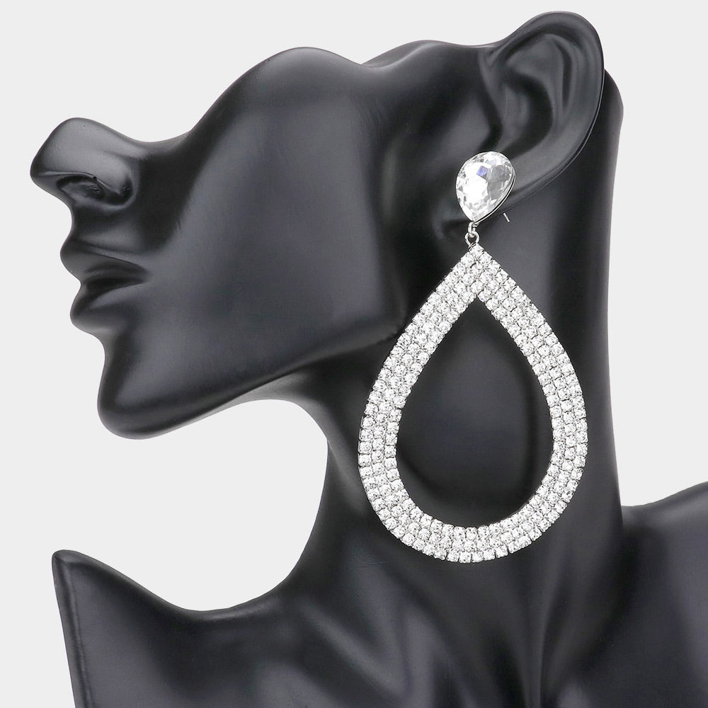 Clear on Silver Rhinestone Open Teardrop Dangle Pageant Earrings | Prom Earrings