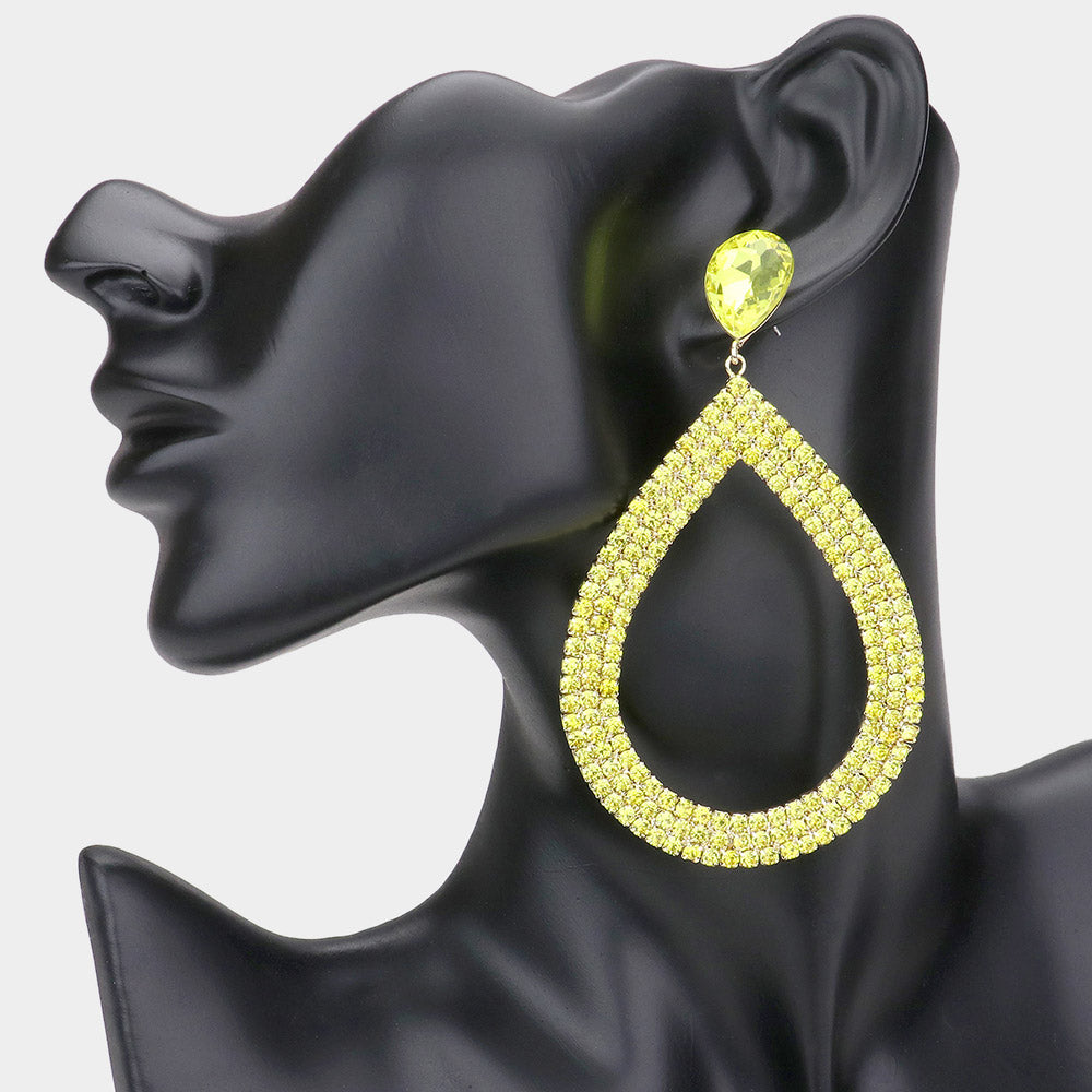 Yellow Rhinestone Open Teardrop Dangle Pageant Earrings  | Prom Earrings | 549638