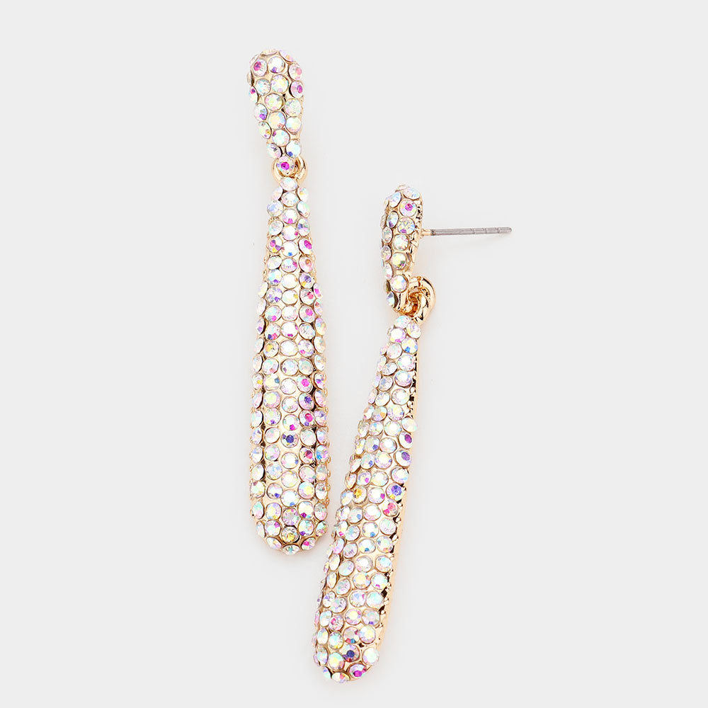 AB Rhinestone Long Teardrop Pageant Earrings on Gold