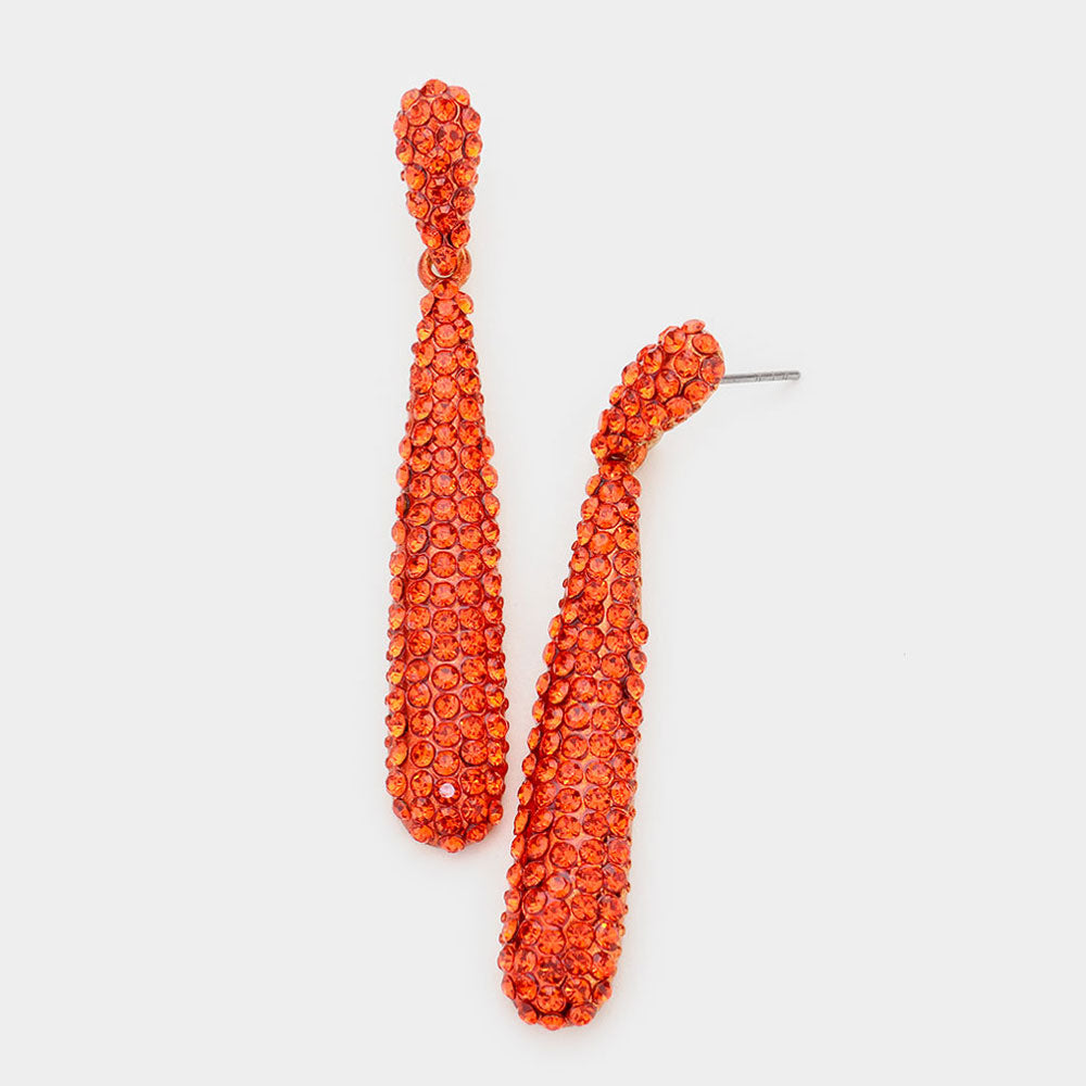 Orange Rhinestone Long Teardrop Pageant Earrings 