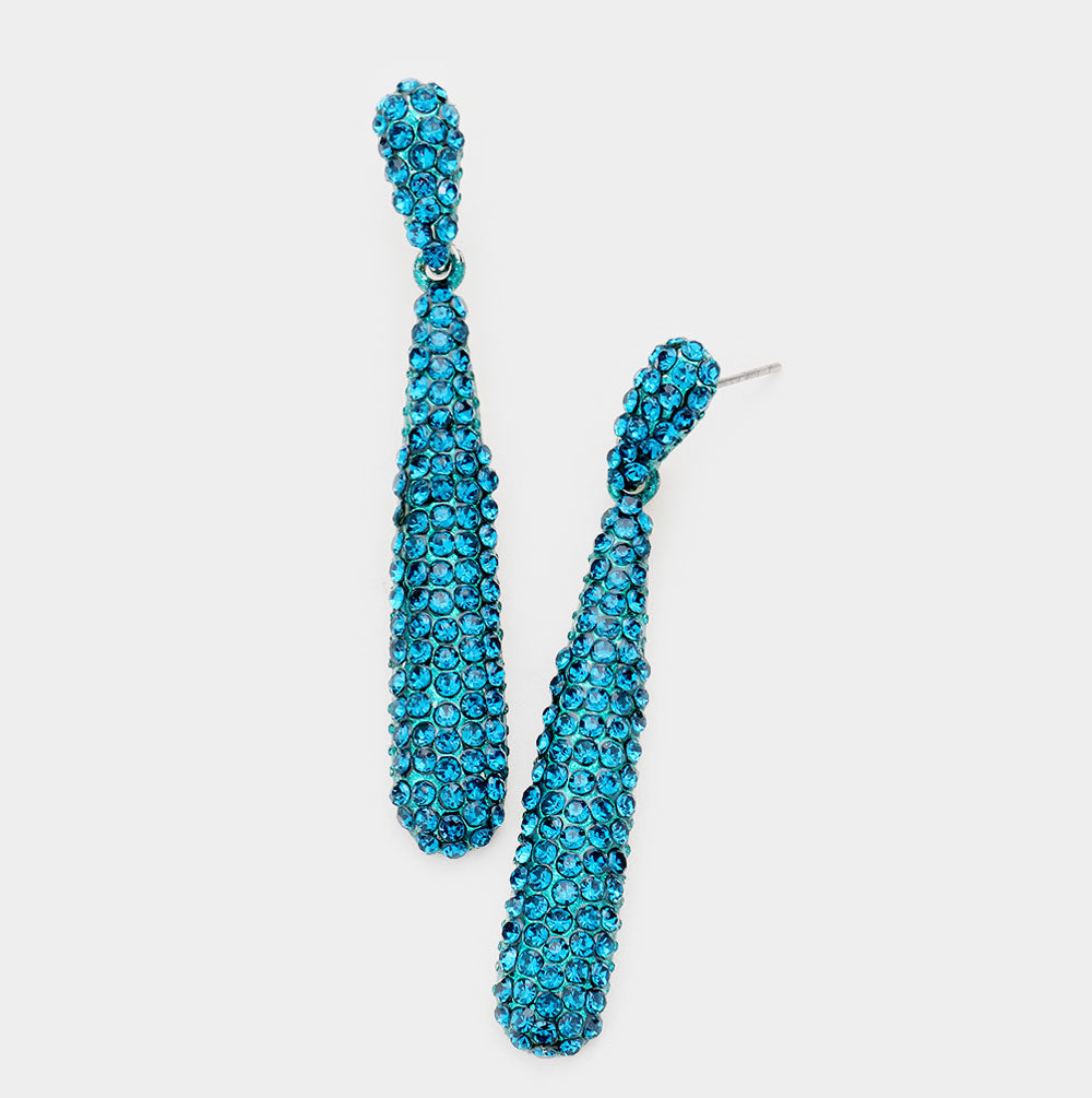 Teal Rhinestone Long Teardrop Pageant Earrings