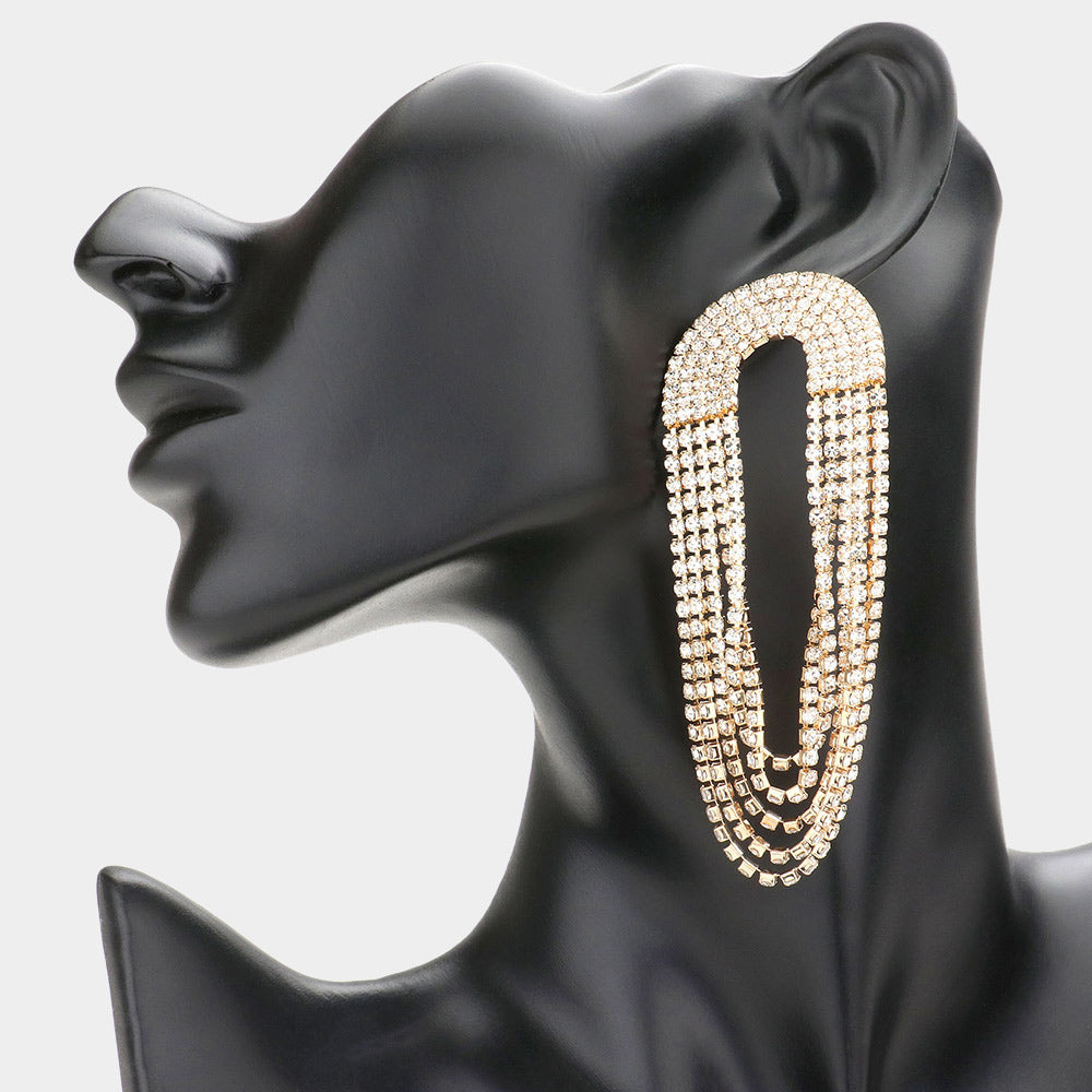 Clear Draped Ombre Rhinestone Pageant Earrings on Gold | Prom Earrings