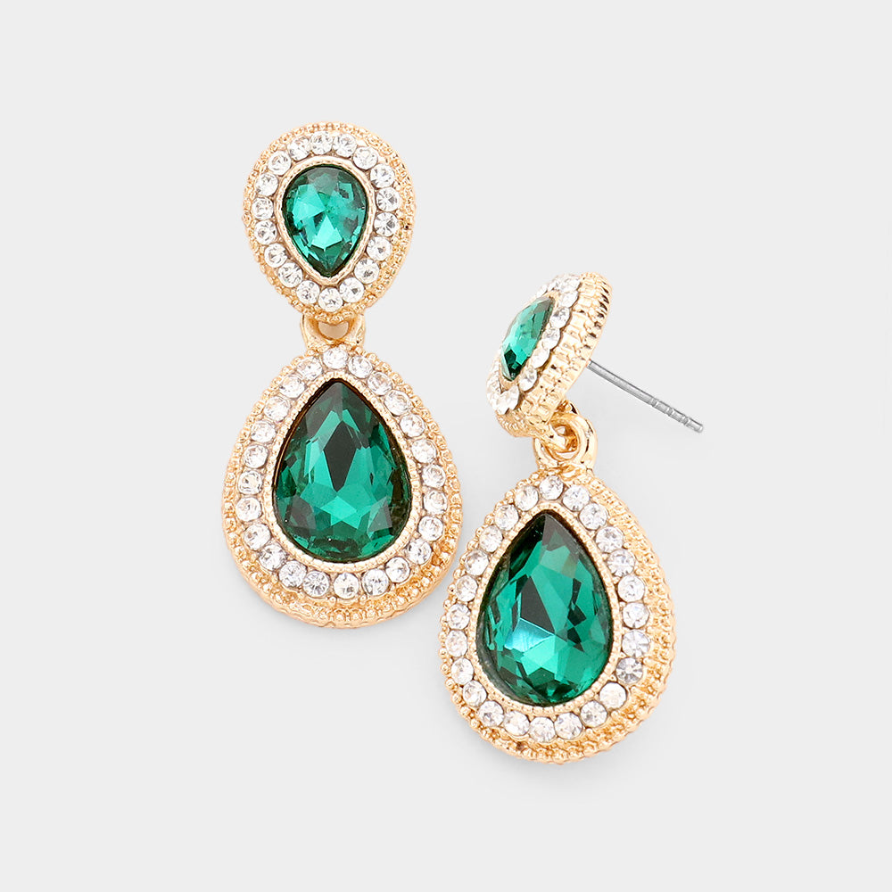 Small Double Teardrop Green Crystal Drop Earrings 