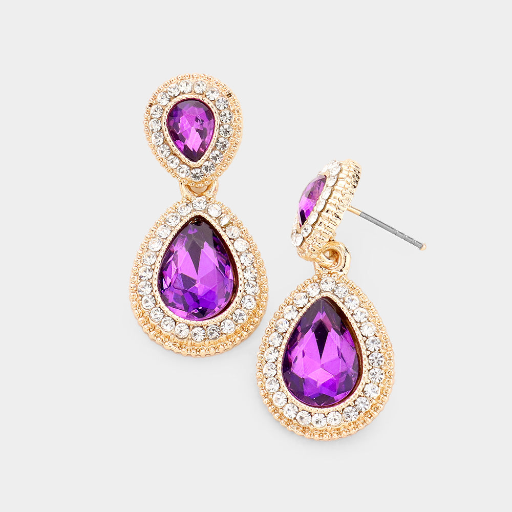 Small Double Teardrop Purple Crystal Drop Earrings