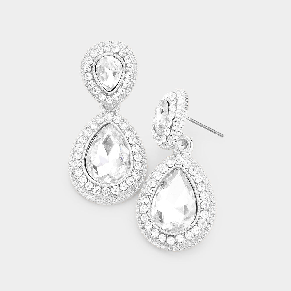 Small Double Teardrop Clear Crystal Drop Earrings on Silver