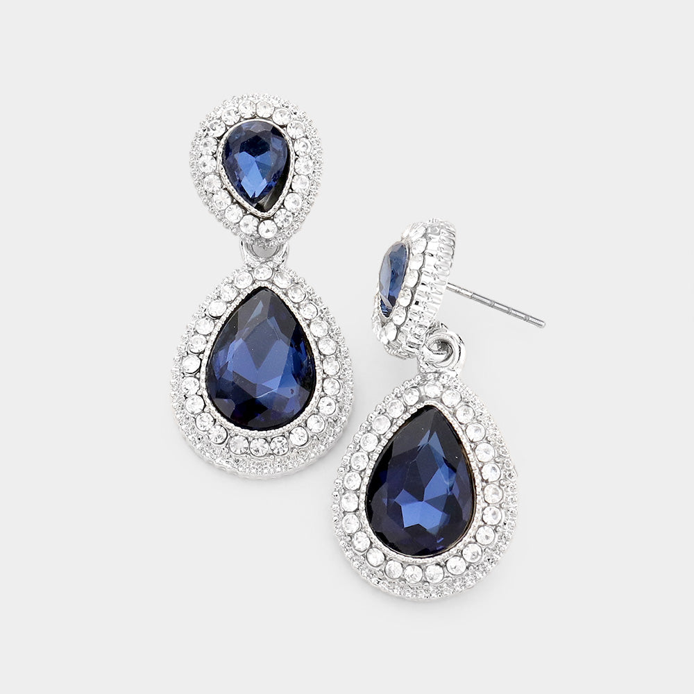Small Double Teardrop Navy Crystal Drop Earrings |  465053