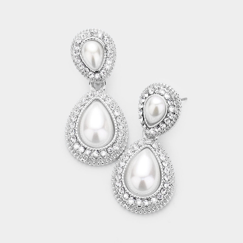 Small Double Teardrop Pearl Drop Earrings on Silver