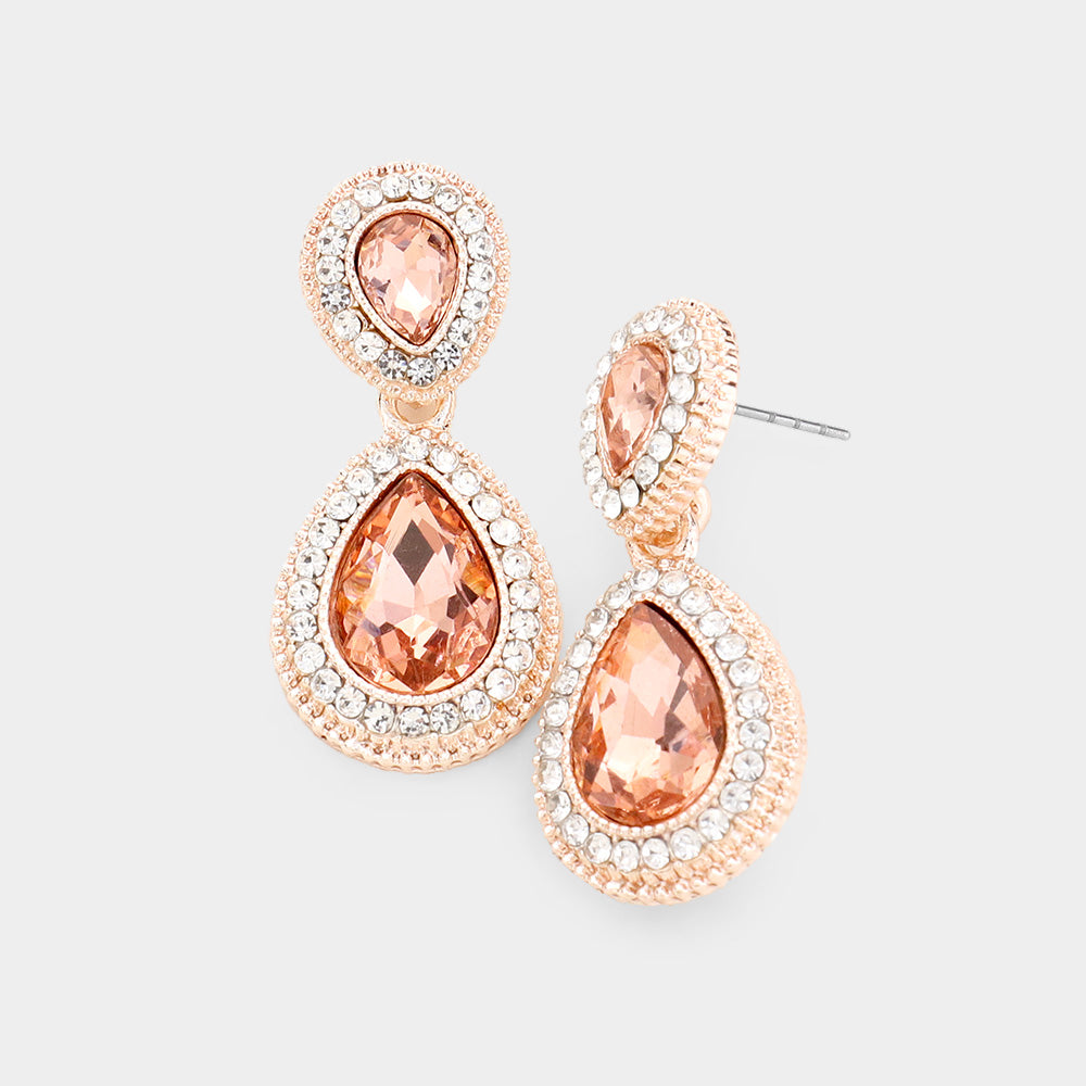 Small Double Teardrop Peach Crystal Drop Earrings