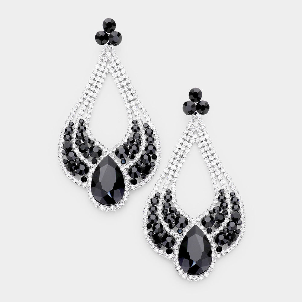 Large Chunky Cut Out Black and Crystal Teardrop Earrings