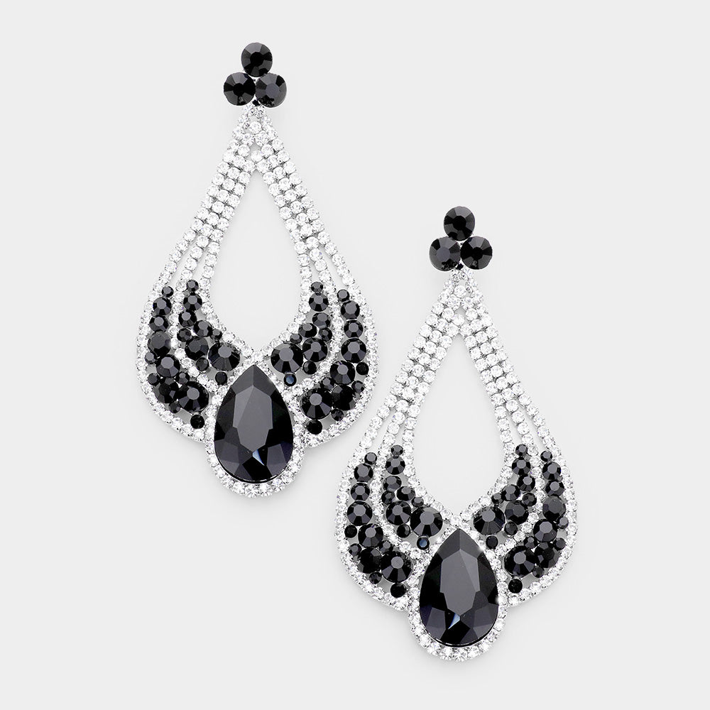 Large Chunky Cut Out Black and Crystal Teardrop Earrings 