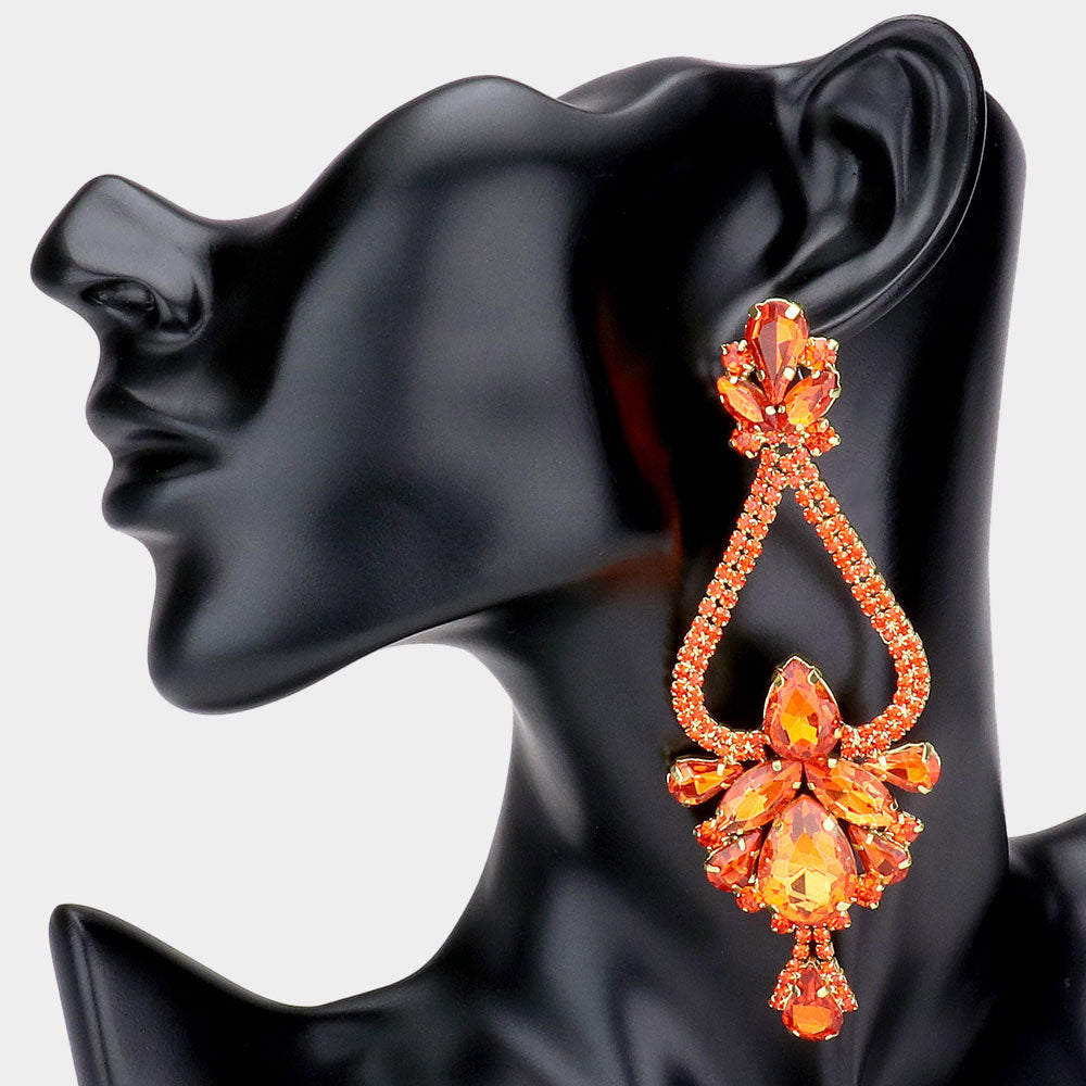 Orange Crystal Multi Shaped Stone Chandelier Earrings | Statement Earrings 