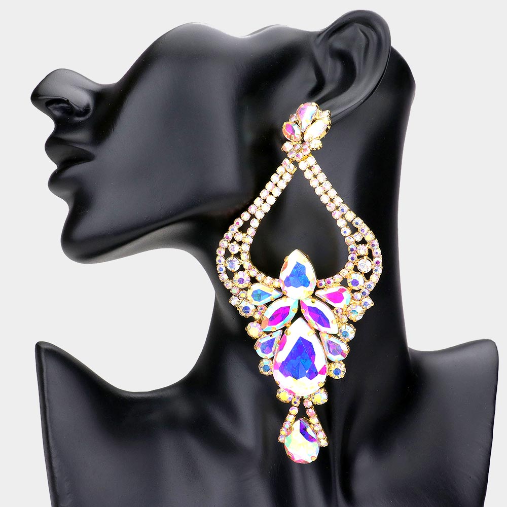 Large Long AB Crystal Teardrop Rhinestone Embellished Chandelier Earrings on Gold| Oversized Earrings