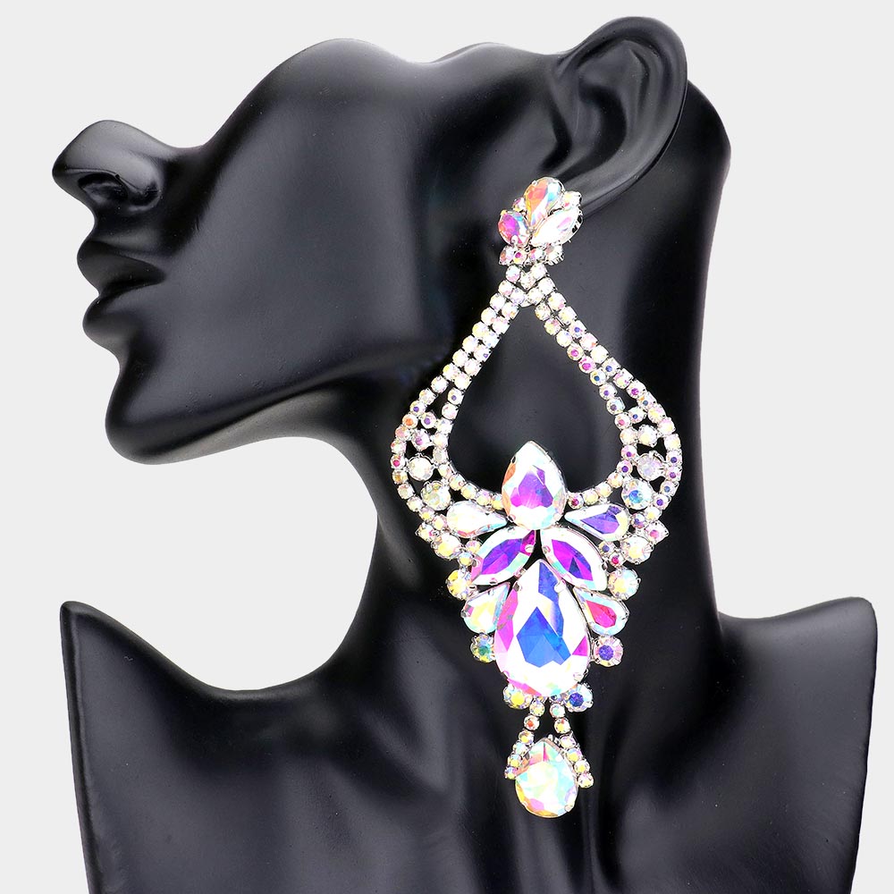 Large Long AB Crystal Teardrop Rhinestone Embellished Chandelier Earrings | Oversized Earrings