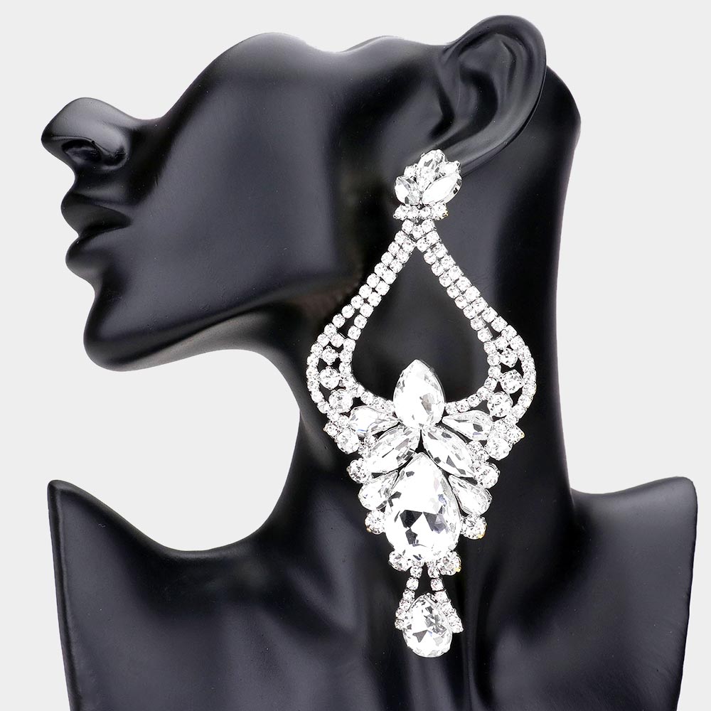 Large Long Clear Crystal Teardrop Rhinestone Embellished Chandelier Earrings Oversized Earrings L M Bling lmbling
