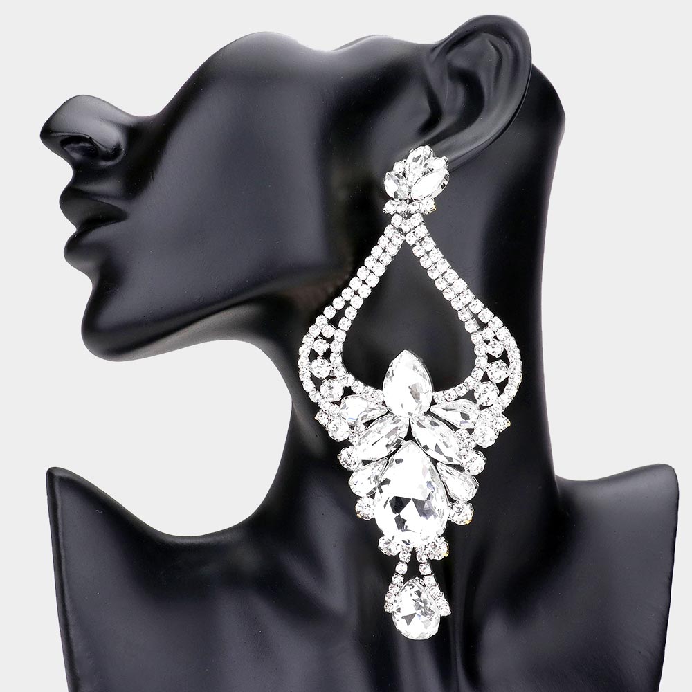 Large Long Clear Crystal Teardrop Rhinestone Embellished Chandelier Earrings | Oversized Earrings