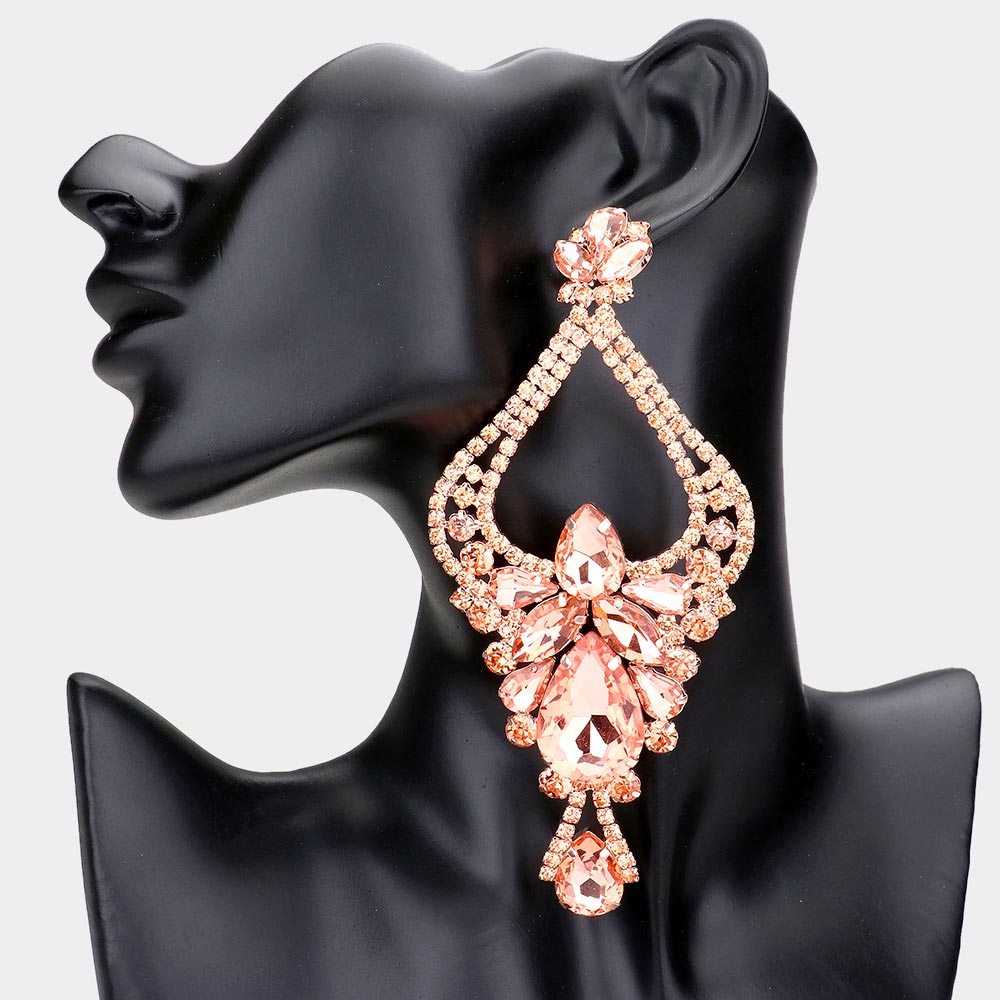 Large Long Peach Crystal Teardrop Rhinestone Embellished Chandelier Earrings | Oversized Earrings