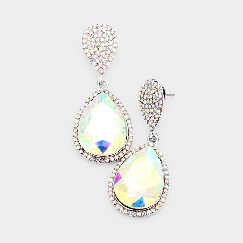 AB Teardrop and Cluster Rhinestone Pageant Drop Earrings