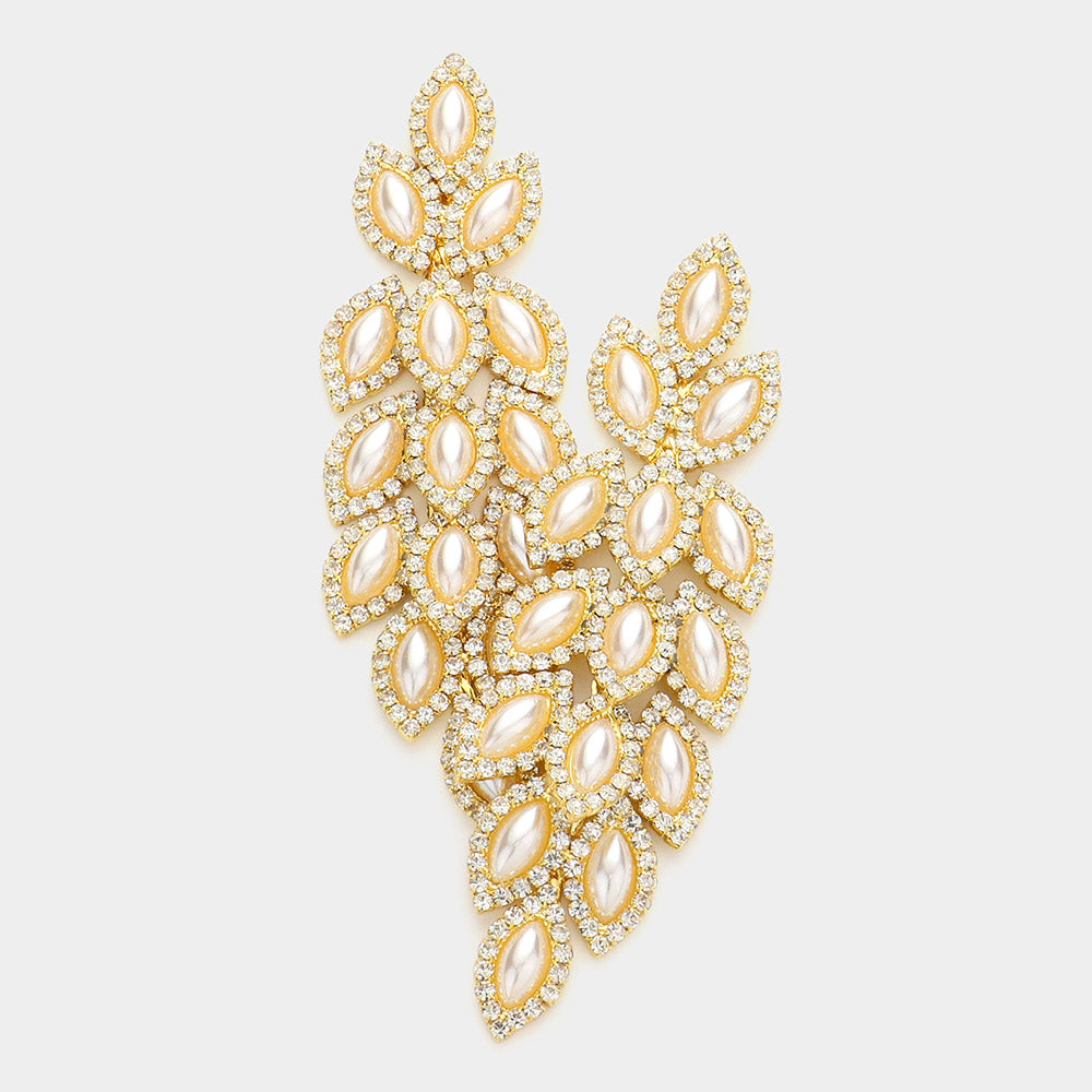 Long Cream Pearl Marquise Earrings on Gold