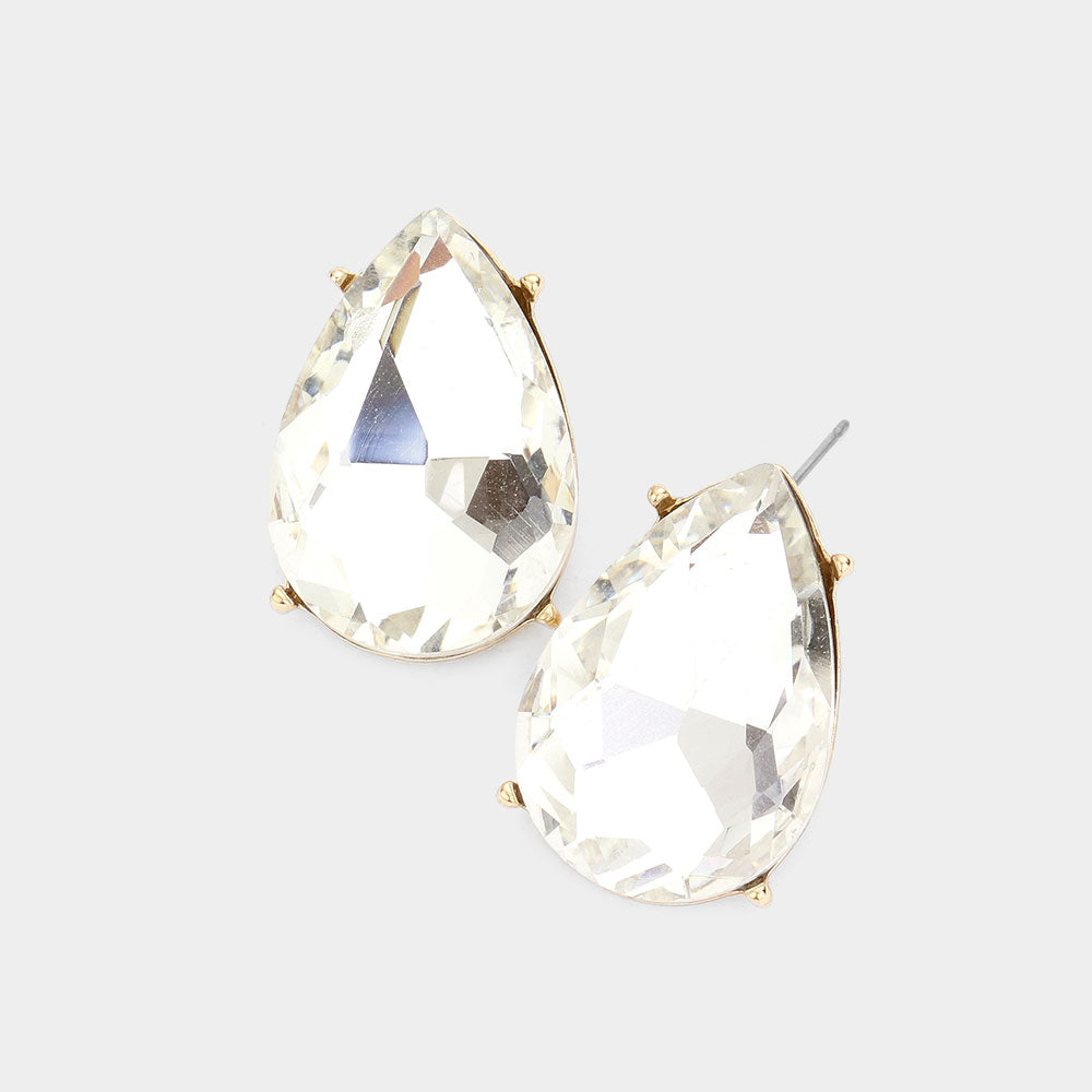 Clear Crystal Teardrop Stud Earrings on Gold | Pageant Earrings | Interview Earrings