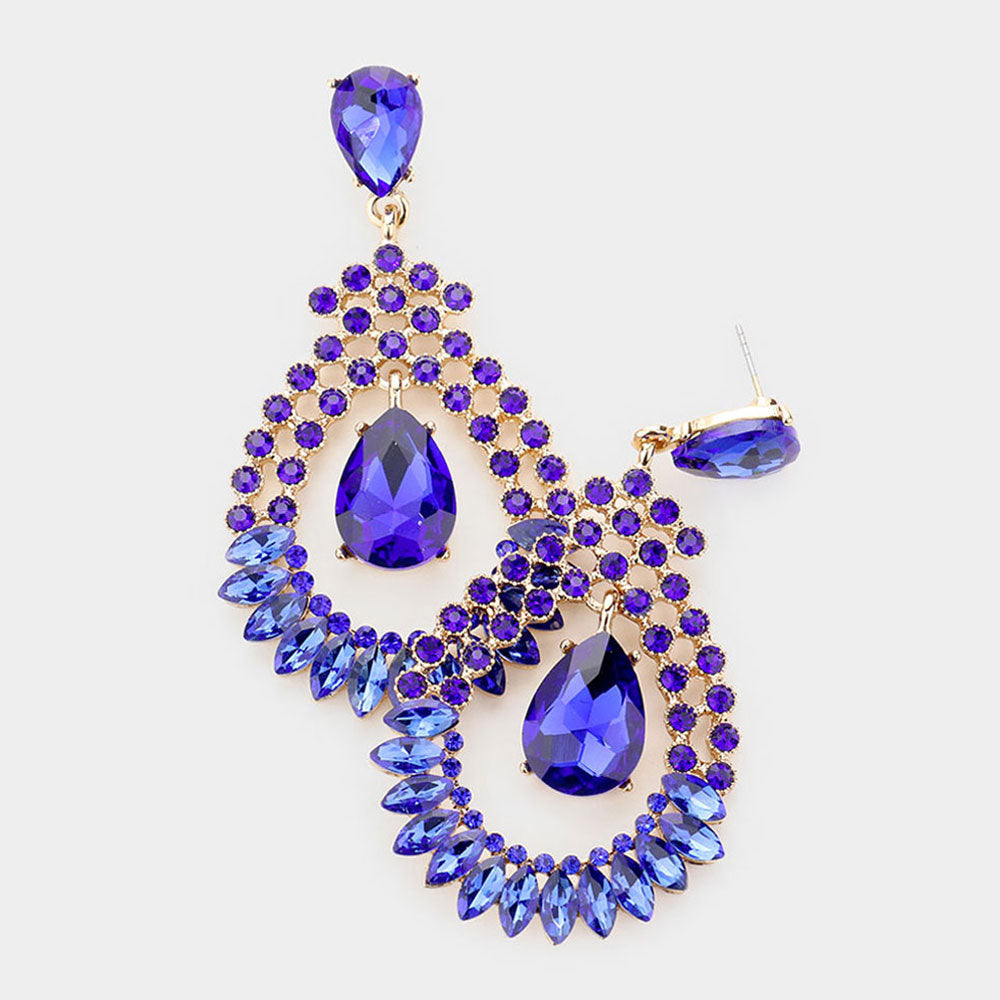 Royal Blue Teardrop Circle Dangle Pageant Earrings  | Prom Earrings