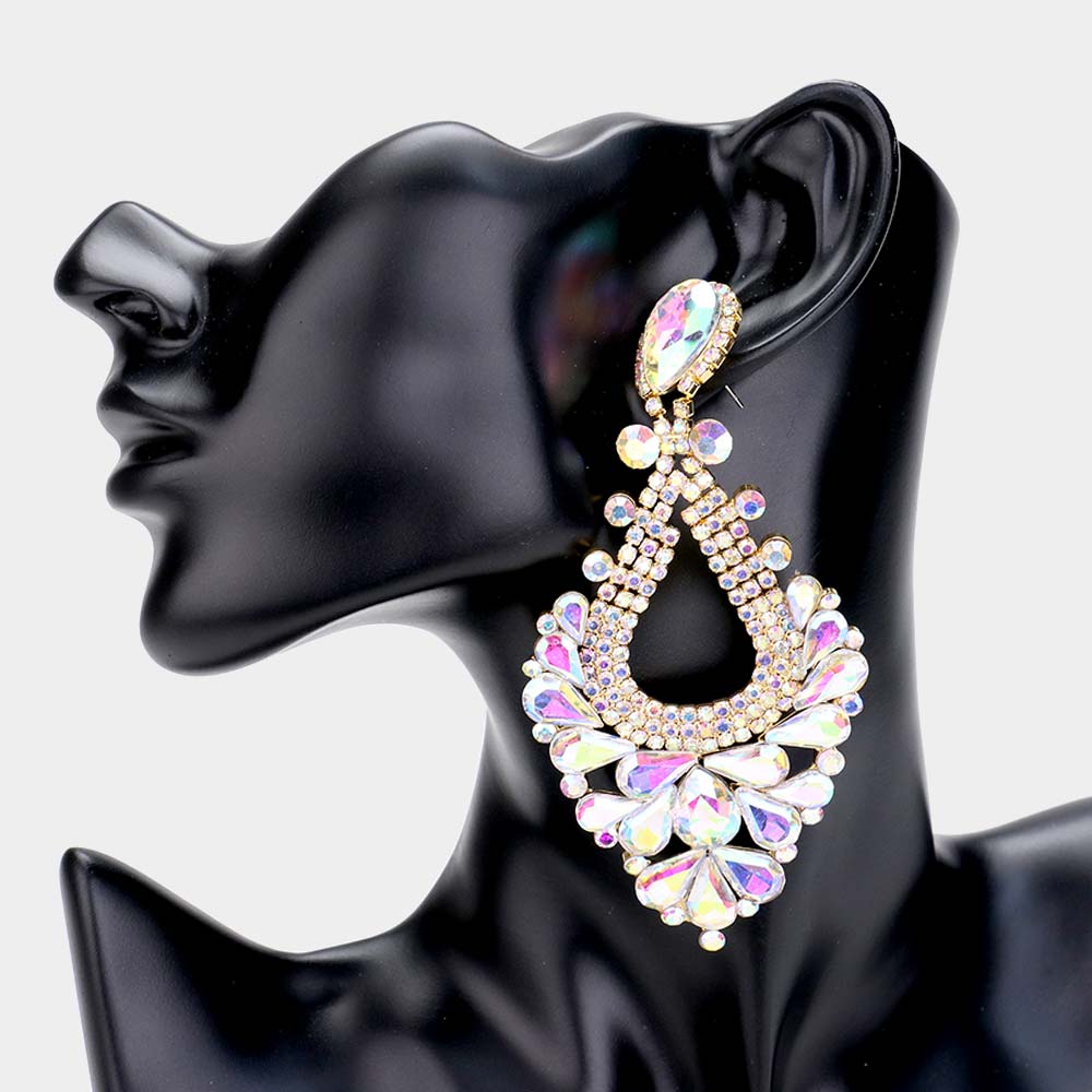Large AB Diamond Crystal Statement Pageant Earrings on Gold