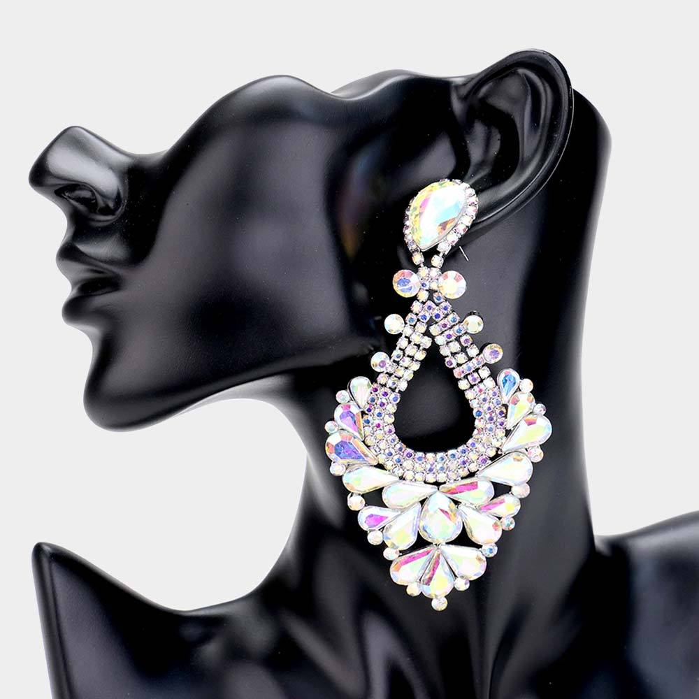 Large AB Crystal Statement Pageant Earrings on Silver