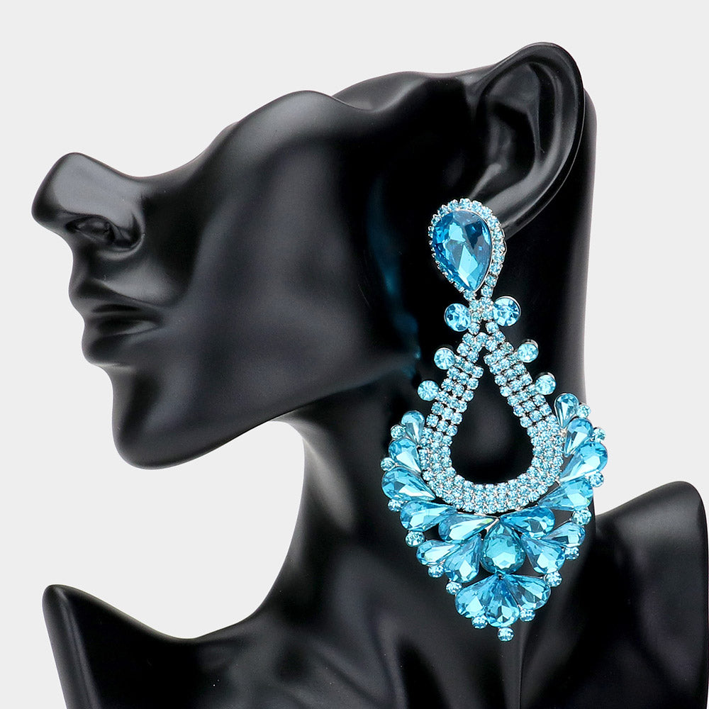 Large Aqua Crystal Statement Pageant Earrings