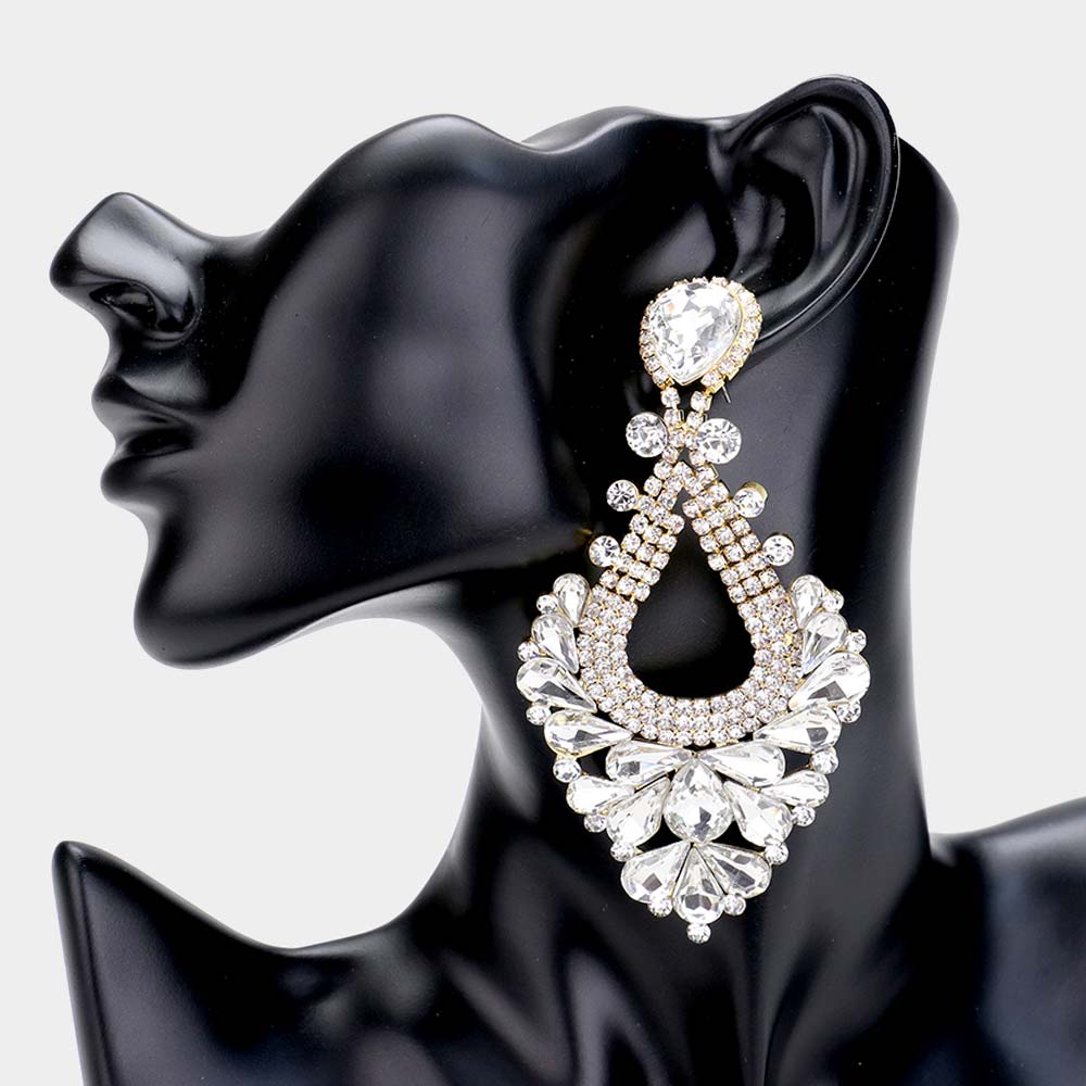 Large Clear Diamond Crystal Statement Pageant Earrings on Gold