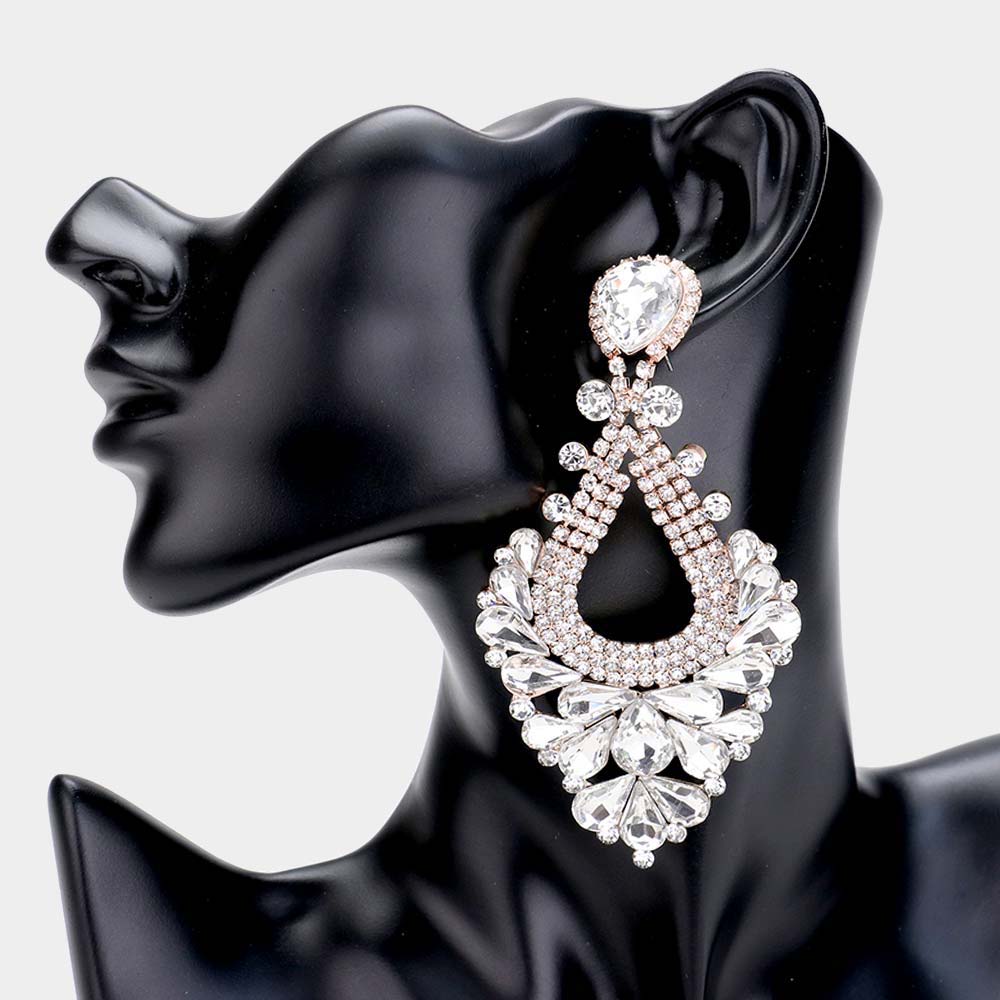 Large Clear Crystal Statement Pageant Earrings on Rose Gold | 476306