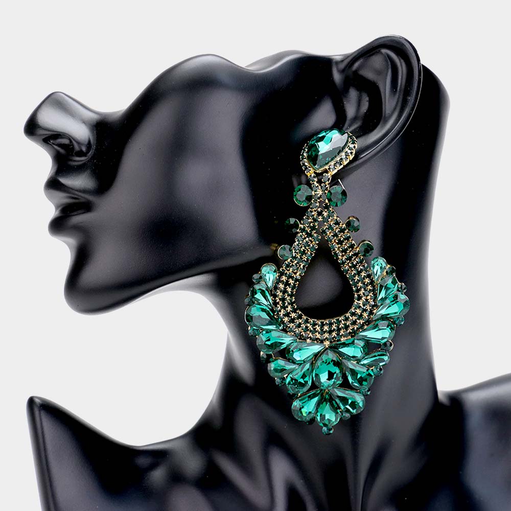 Large Emerald Crystal Statement Pageant Earrings
