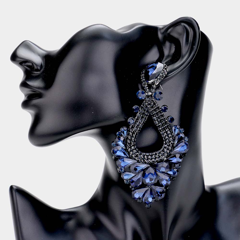 Large Navy Diamond Crystal Statement Pageant Earrings 