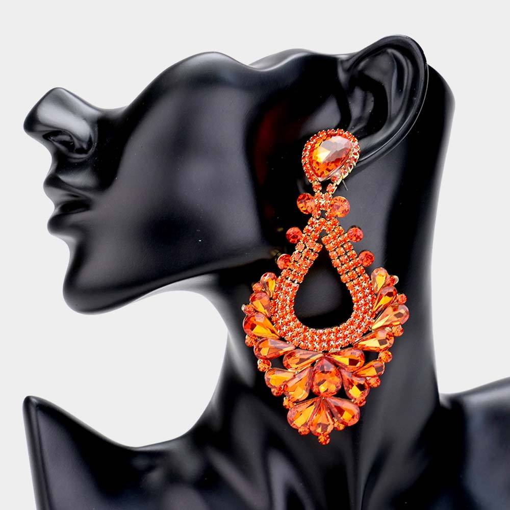 Large Orange Crystal Statement Pageant Earrings 