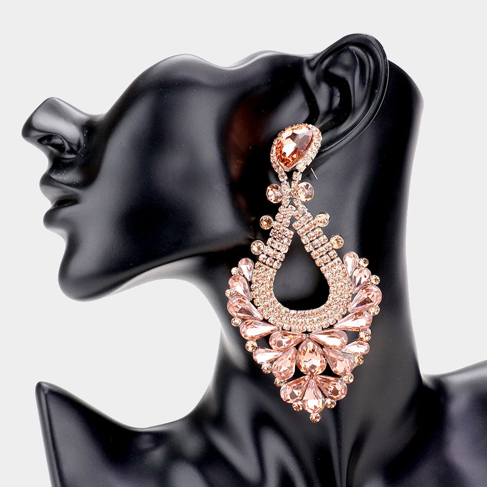 Large Peach Crystal Statement Pageant Earrings