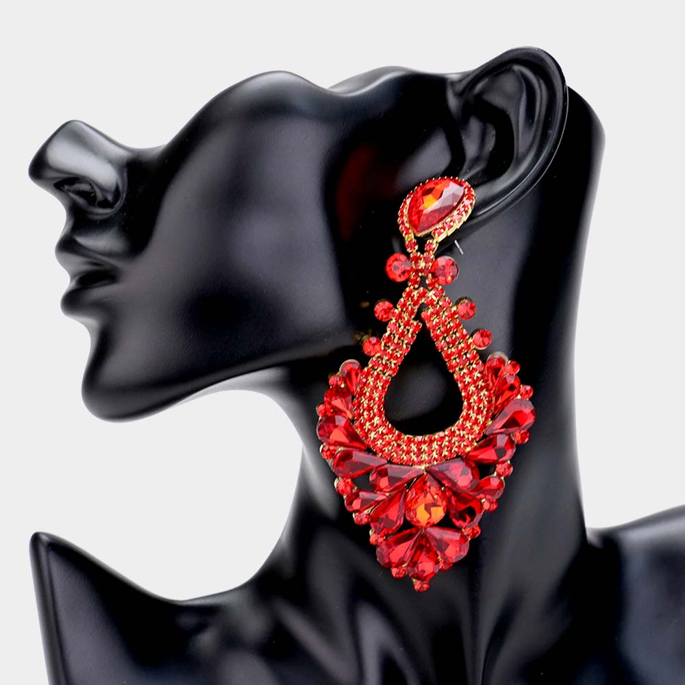 Large Red Crystal Statement Pageant Earrings 