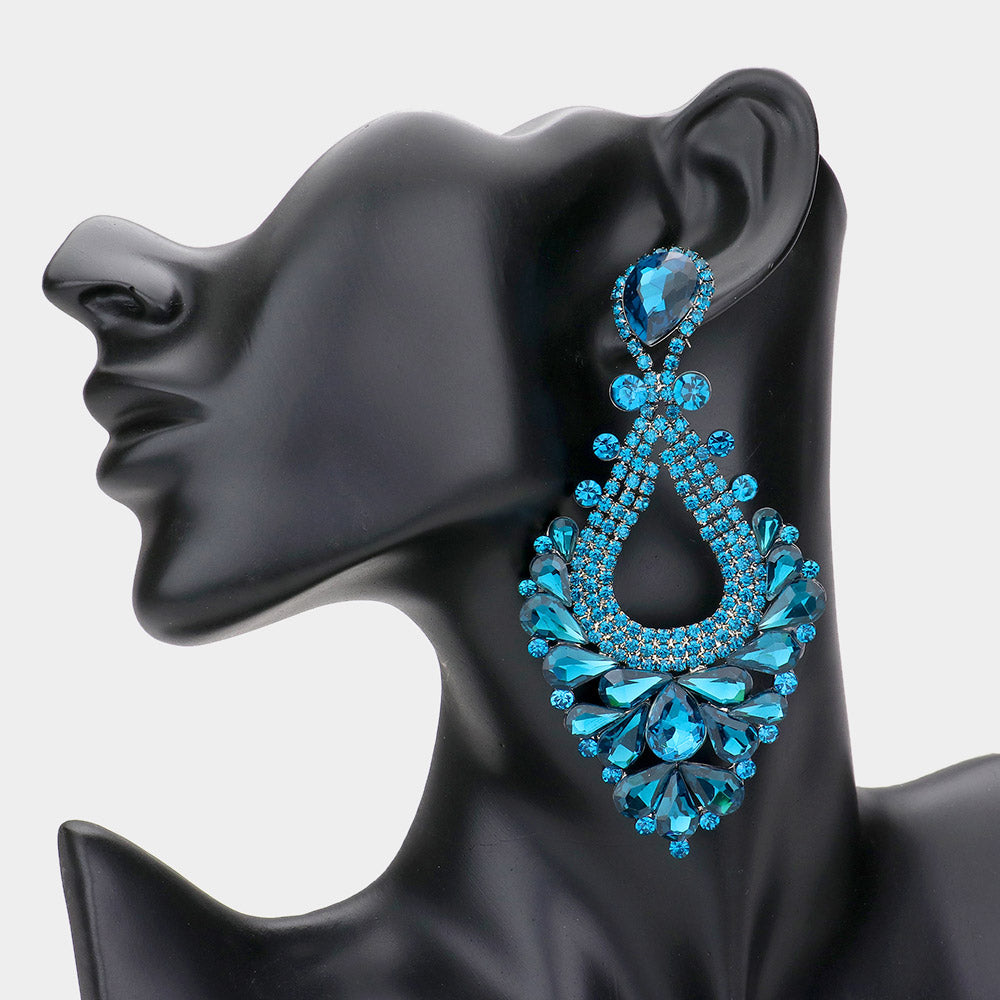 Large Teal Crystal Statement Pageant Earrings