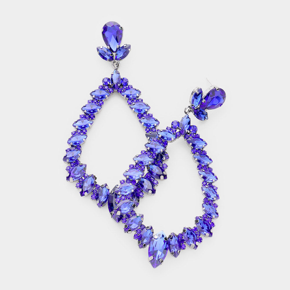 Royal Blue Marquise Crystal Statement Oval Hoop Earrings