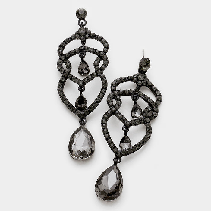 Black Crystal Rhinestone Teardrop Dangle Pageant Earrings