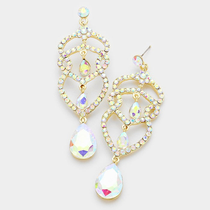 AB Crystal Rhinestone Teardrop Dangle Pageant Earrings on Gold