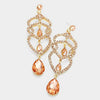 Peach Crystal Rhinestone Teardrop Dangle Pageant Earrings on Gold