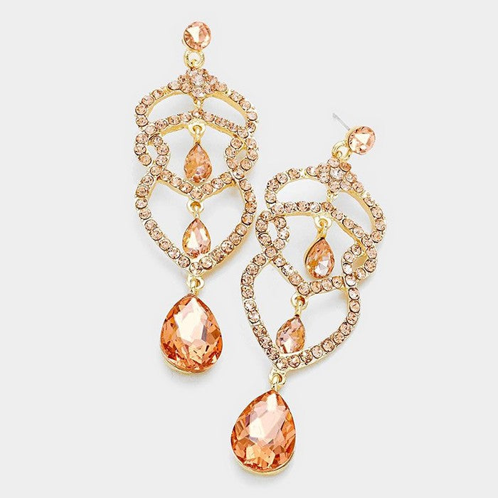 Peach Crystal Rhinestone Teardrop Dangle Pageant Earrings on Gold