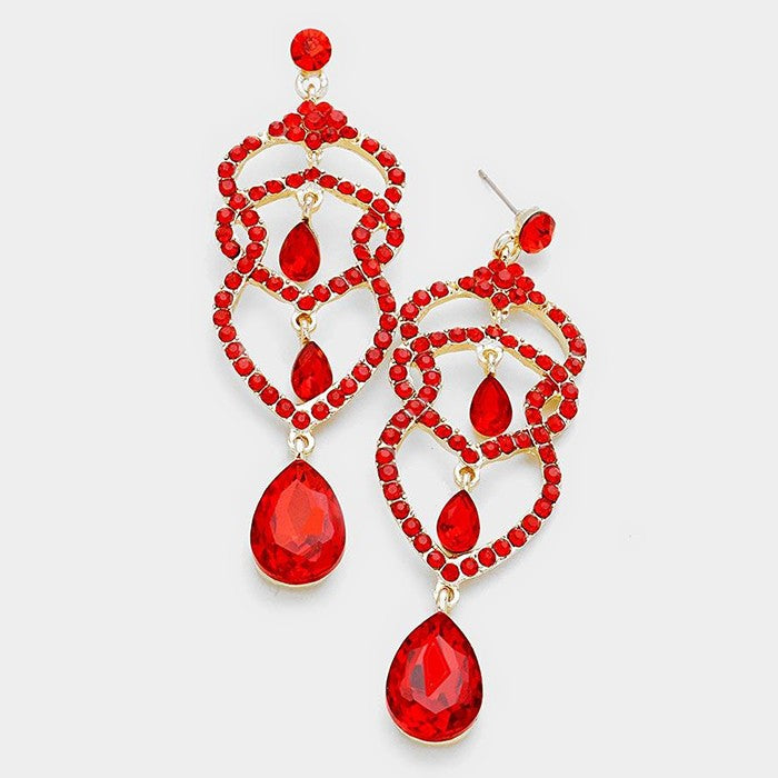 Red Crystal Rhinestone Teardrop Dangle Pageant Earrings on Gold  | 310905