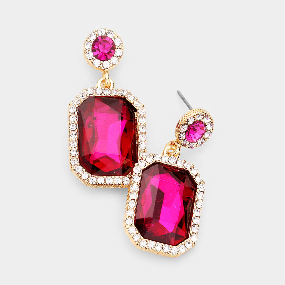 Little Girls Fuchsia Crystal Rectangle Pageant Earrings