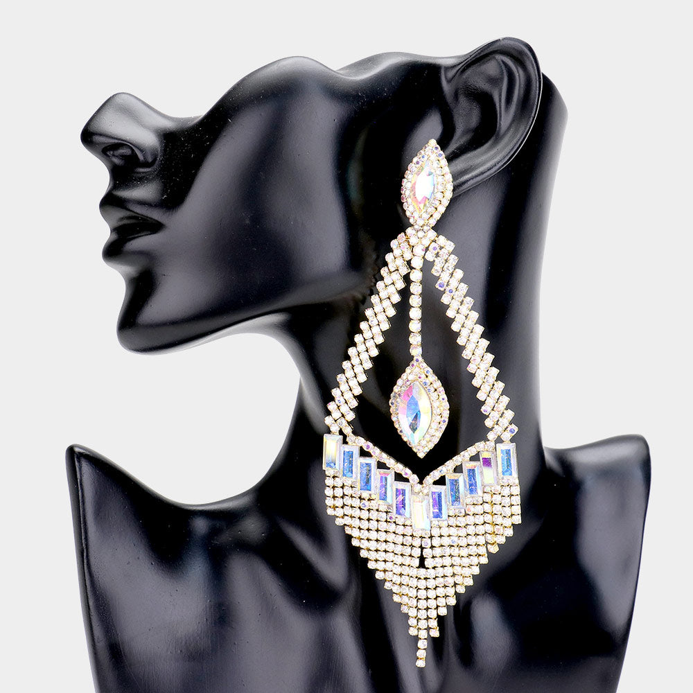 Elegant Long AB Crystal Statement Pageant Earrings on Gold 