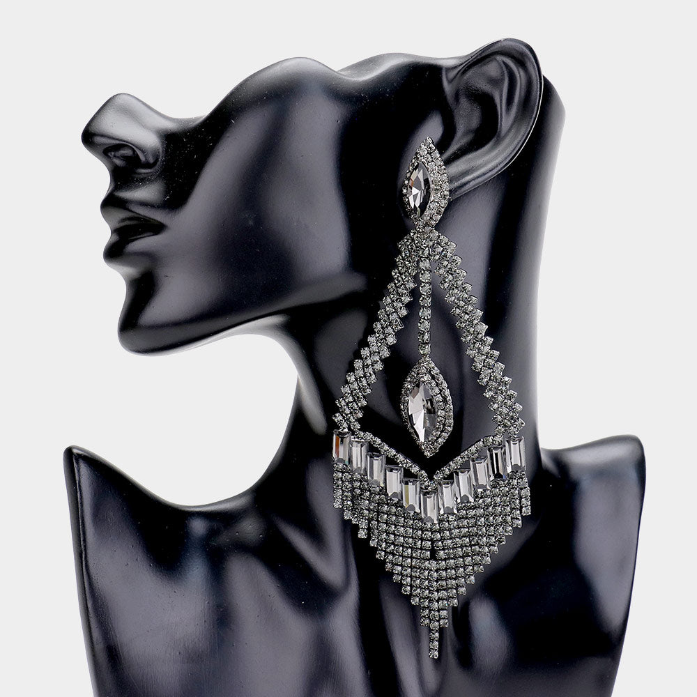 Elegant Long Black Crystal Statement Pageant Earrings