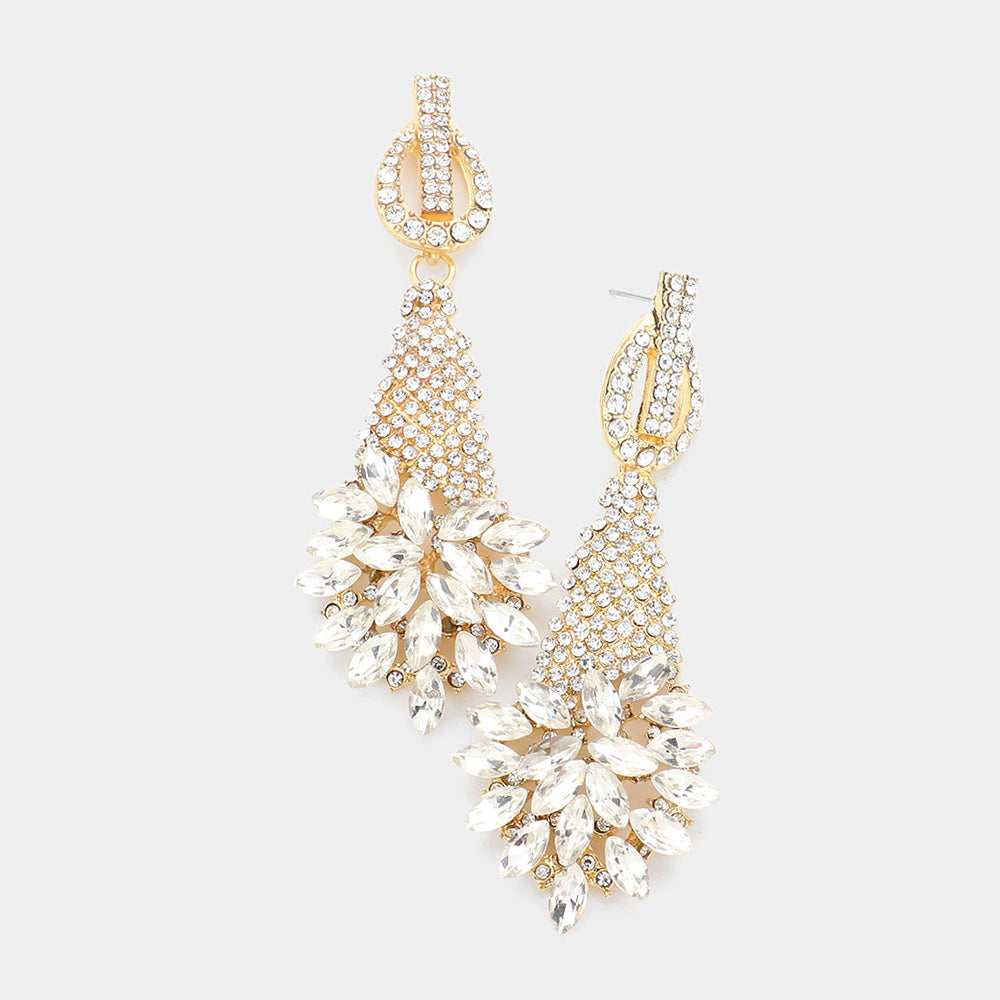 Clear Crystal Abstract Cluster Pageant Earrings on Gold  | Prom Earrings