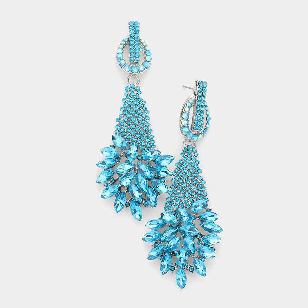 Aqua Crystal Abstract Cluster Pageant Earrings  | Prom Earrings